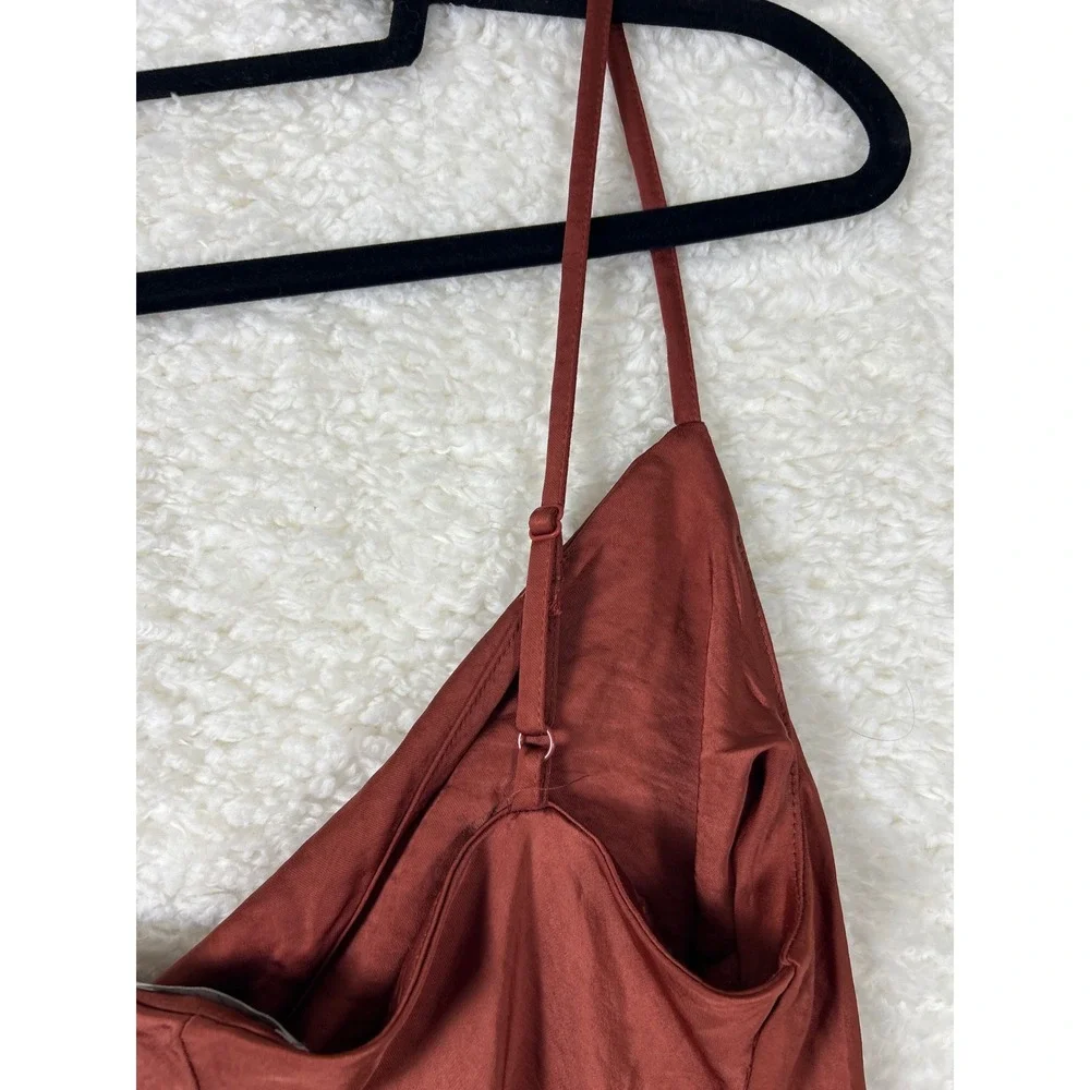 Justify Rust‎ Brown Cowl Neck Satin Midi Slip Dress with Side Slit Size L NEW